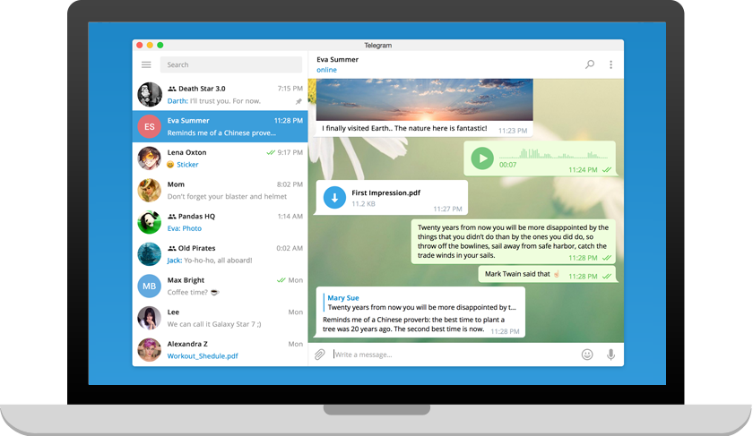 Ảnh chụp giao diện Telegram bản Windows với danh sách trò chuyện bên trái