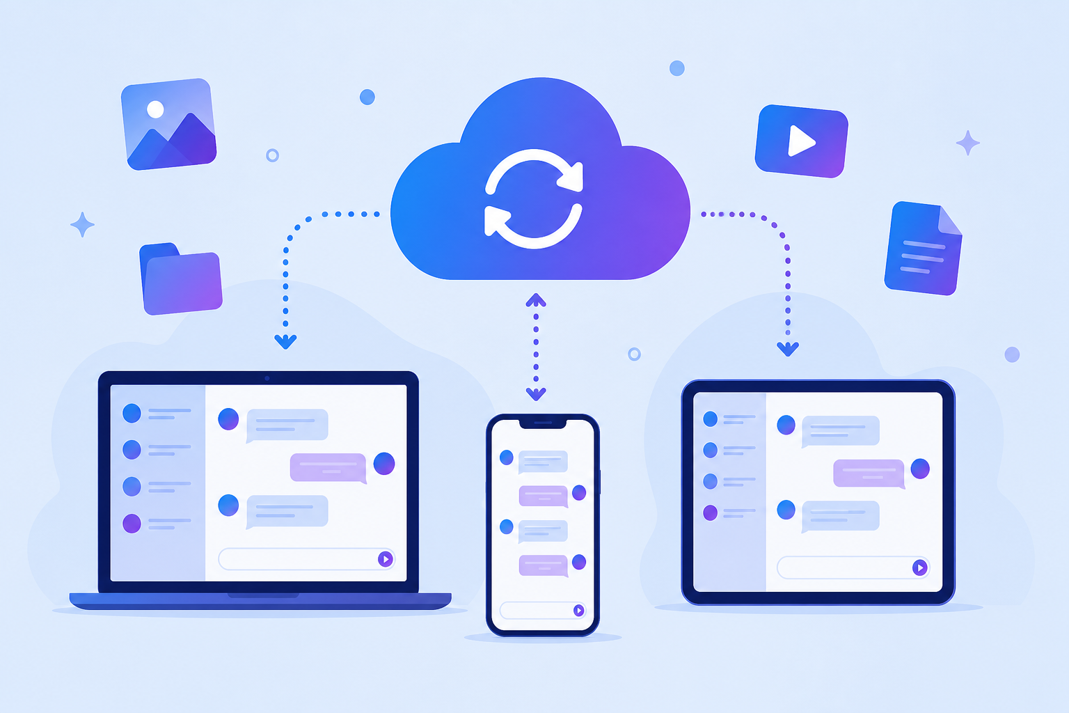 Minh họa Telegram đồng bộ tin nhắn qua đám mây giữa laptop, điện thoại và máy tính bảng