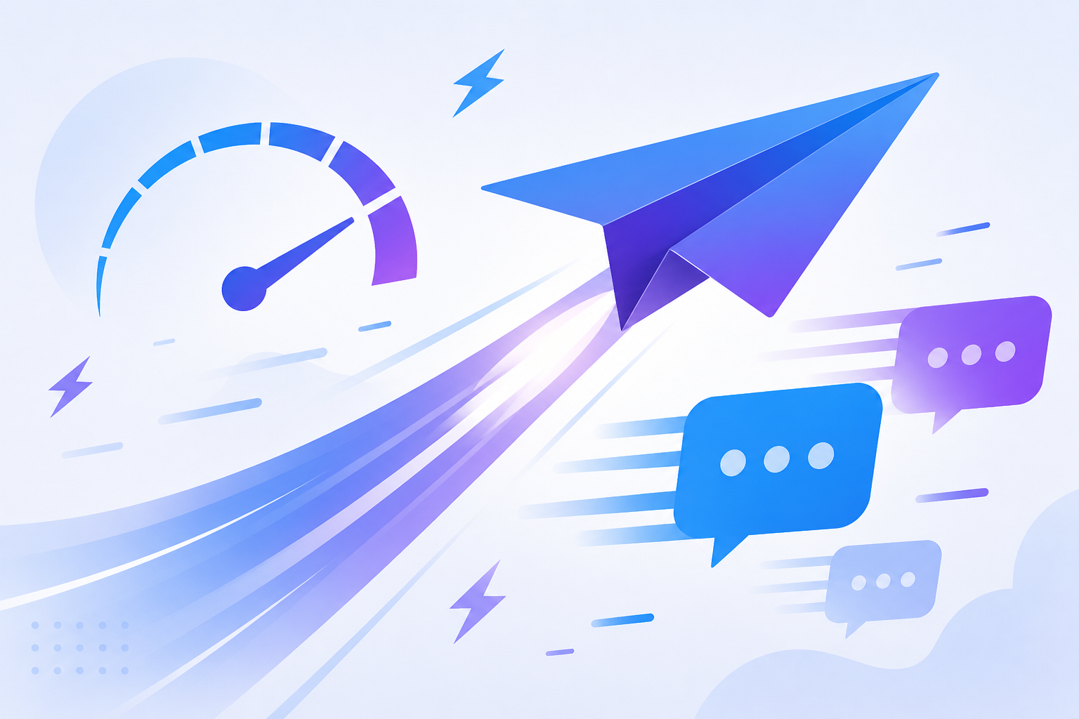 Minh họa tốc độ gửi tin nhắn Telegram với máy bay giấy và đồng hồ tốc độ