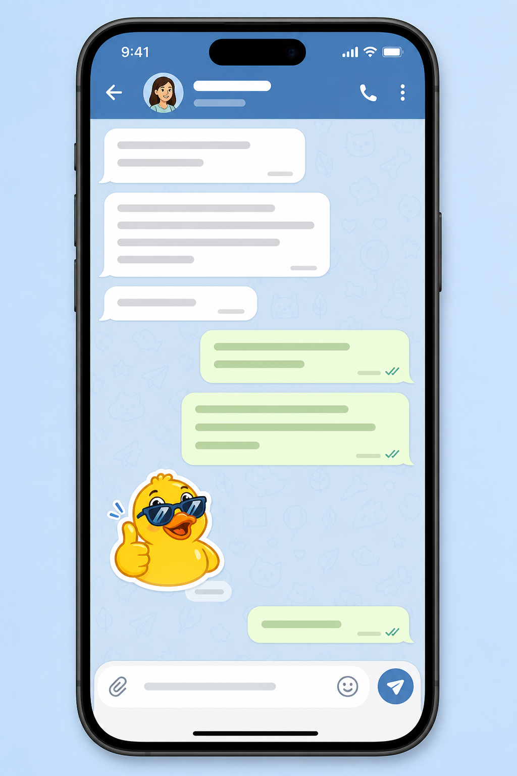 Giao diện trò chuyện Telegram trên iPhone với tin nhắn và sticker
