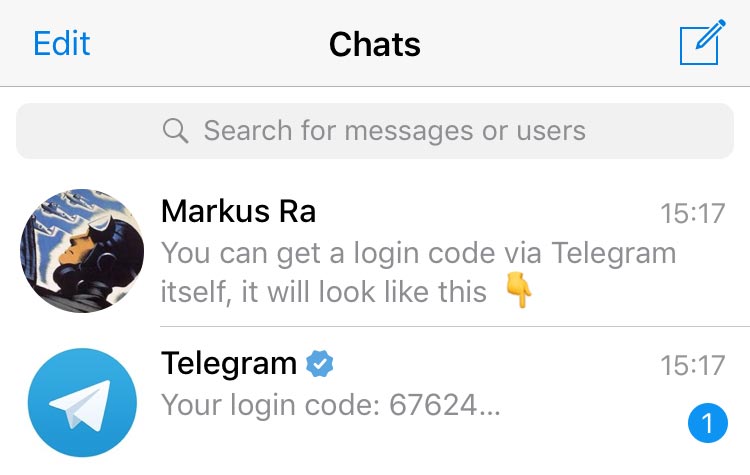 Mã đăng nhập Telegram được gửi vào chính ứng dụng trên thiết bị khác